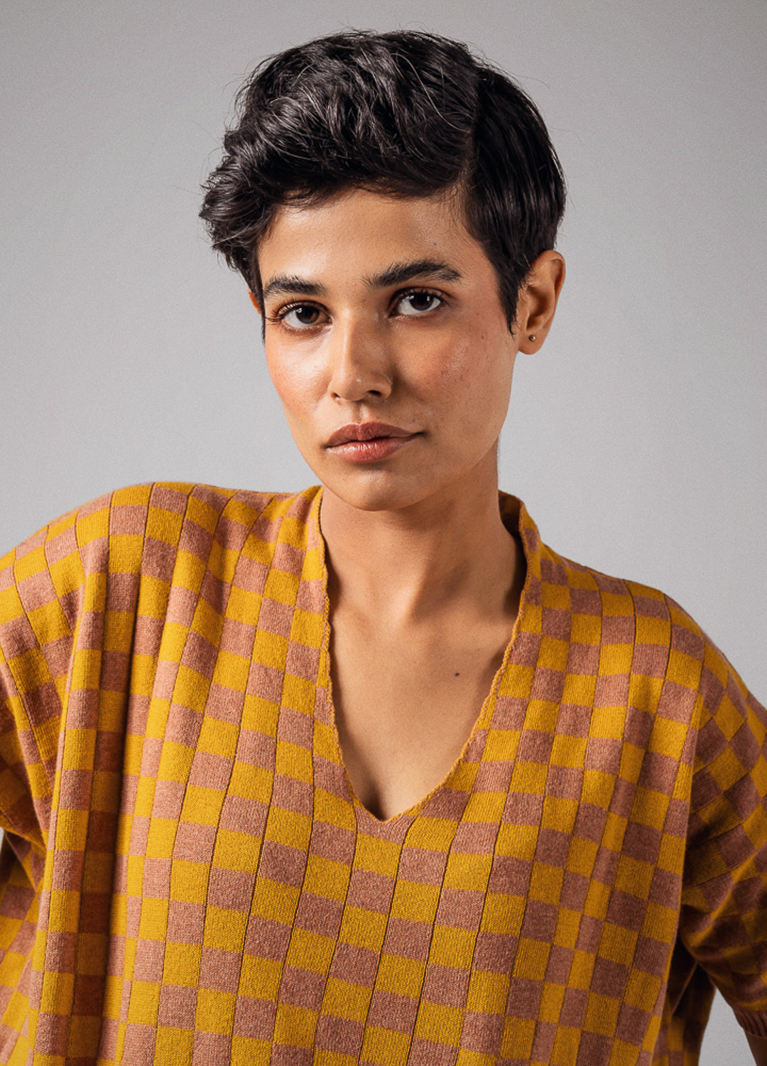 Rhubarb Checker Yellow Organic Cotton Knit Top For Women Online
