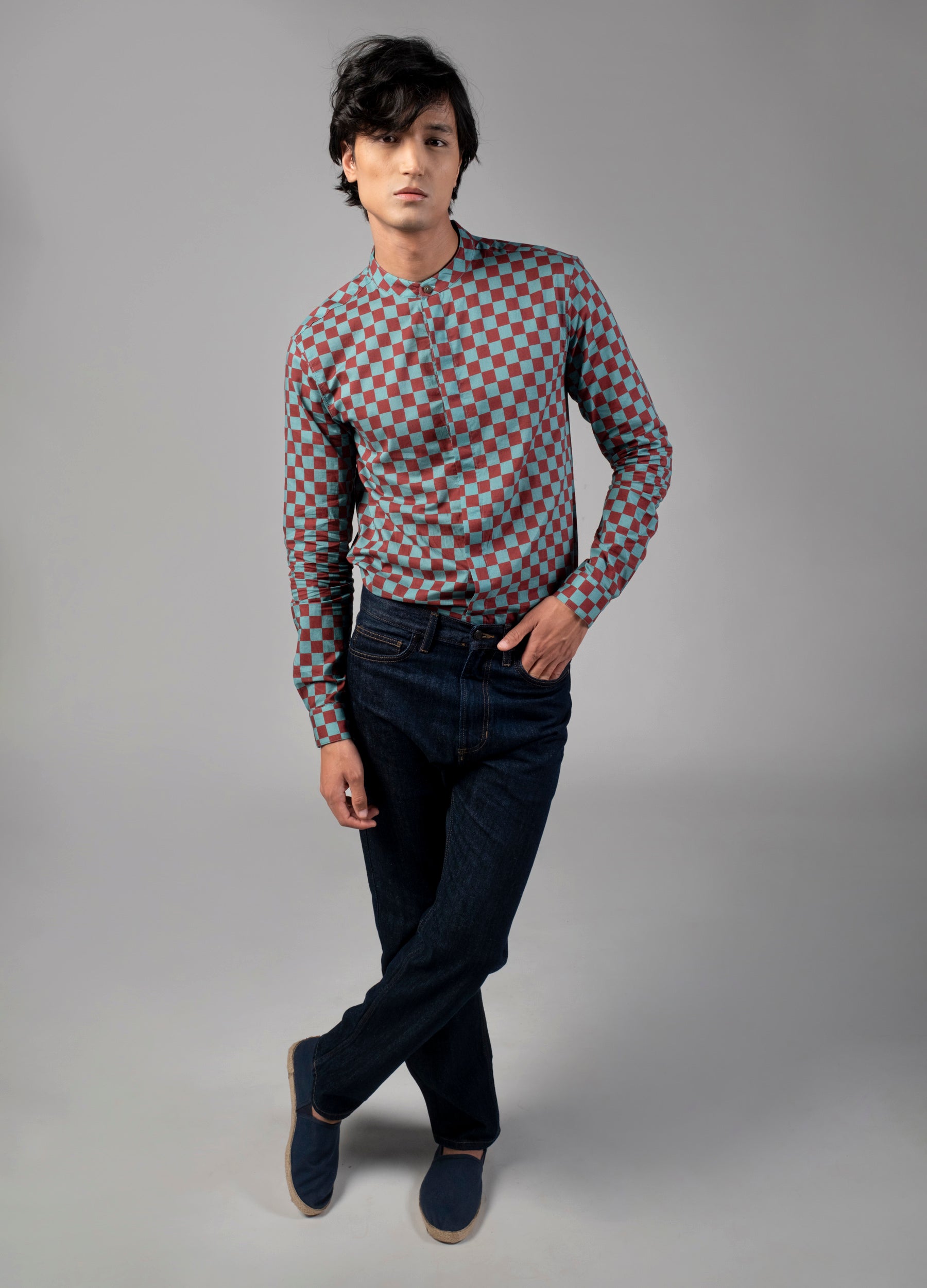 Syrah Checkers Mandarin Shirt