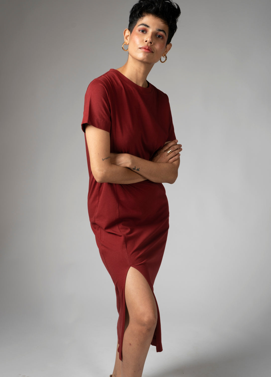 Syrah Red Organic Cotton T Shirt Midi Dress For Women Online