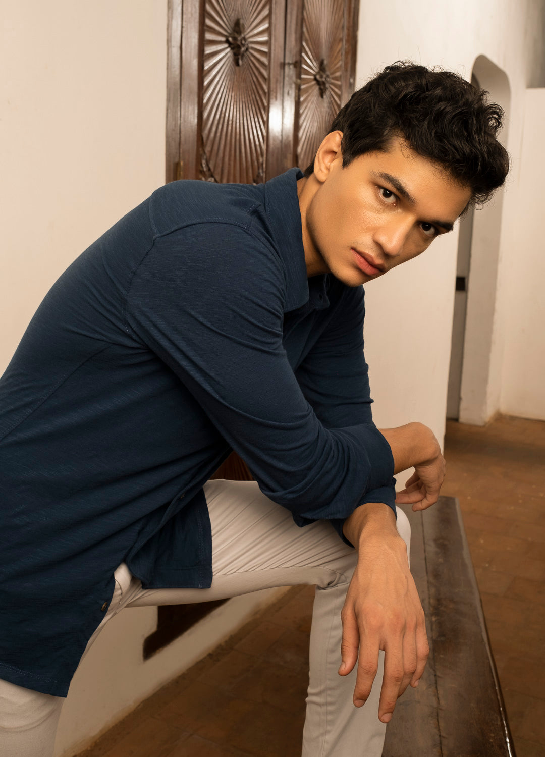 Atlantic Blue Organic Cotton Full Sleeve Knit Shirt For Men Online