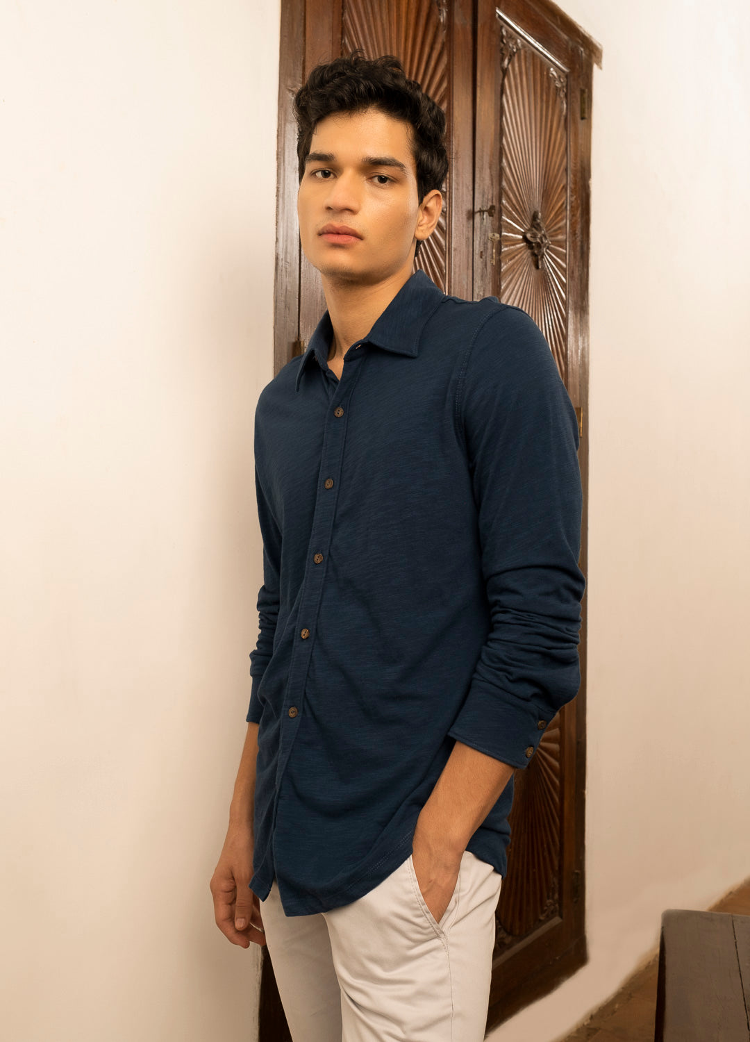 Atlantic Blue Organic Cotton Full Sleeve Knit Shirt For Men Online