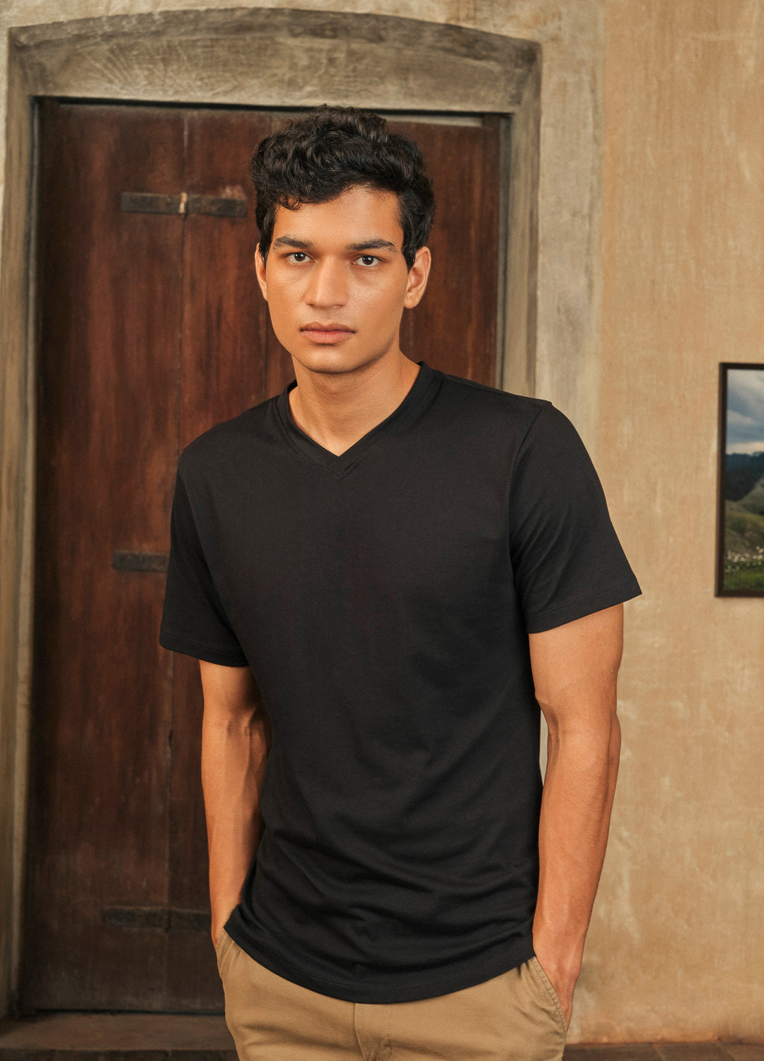 Classic Black Sustainable Cotton V Neck T Shirt For Men Online