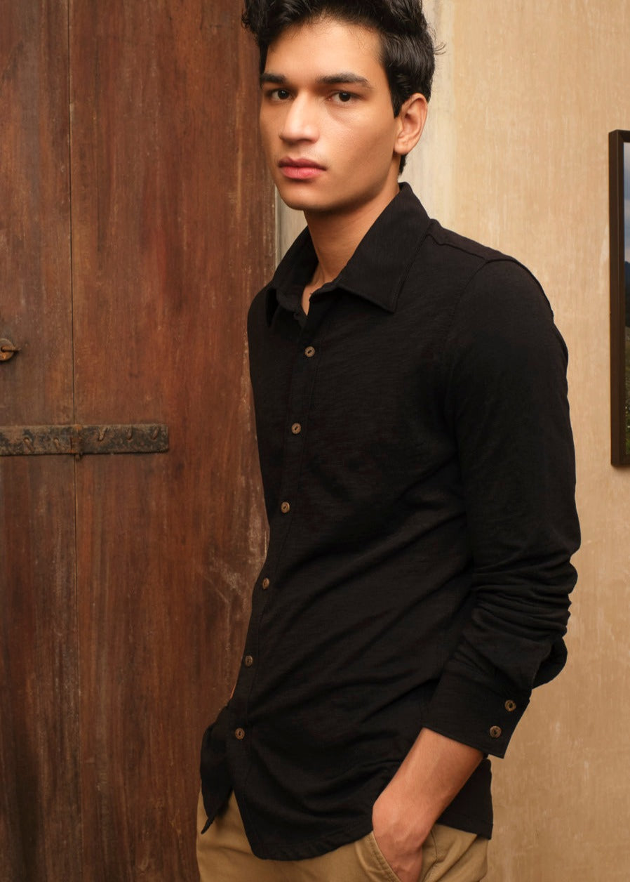 Black Organic Cotton Full Sleeve Knit Shirt For Men Online