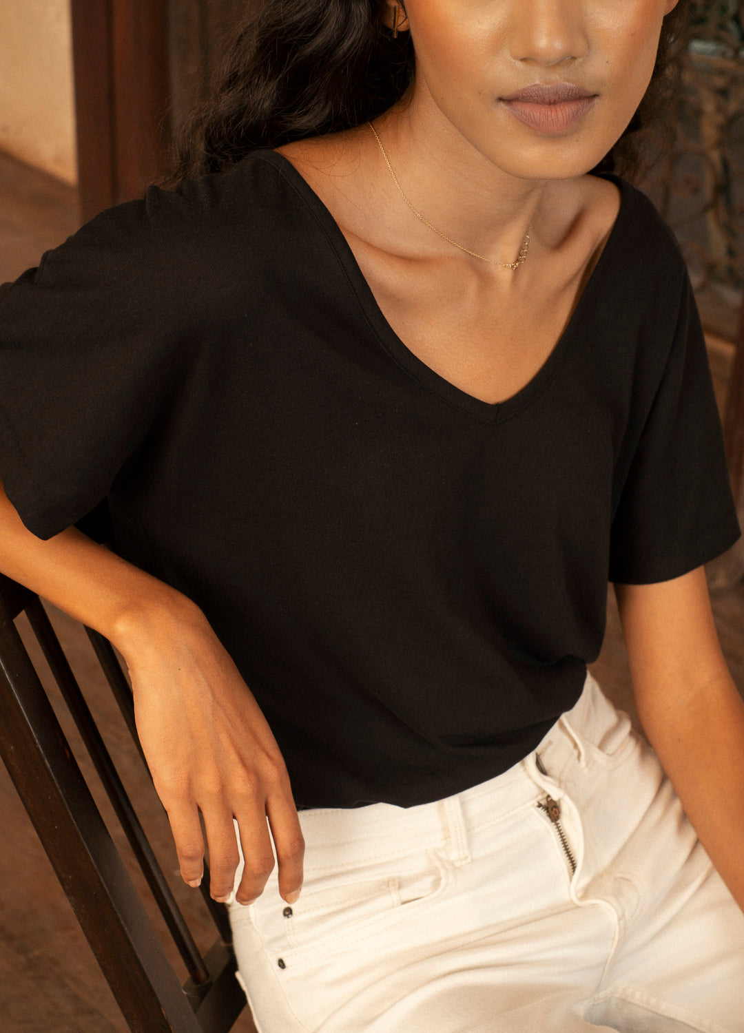  Black V Neck Organic Cotton T Shirt For Women Online