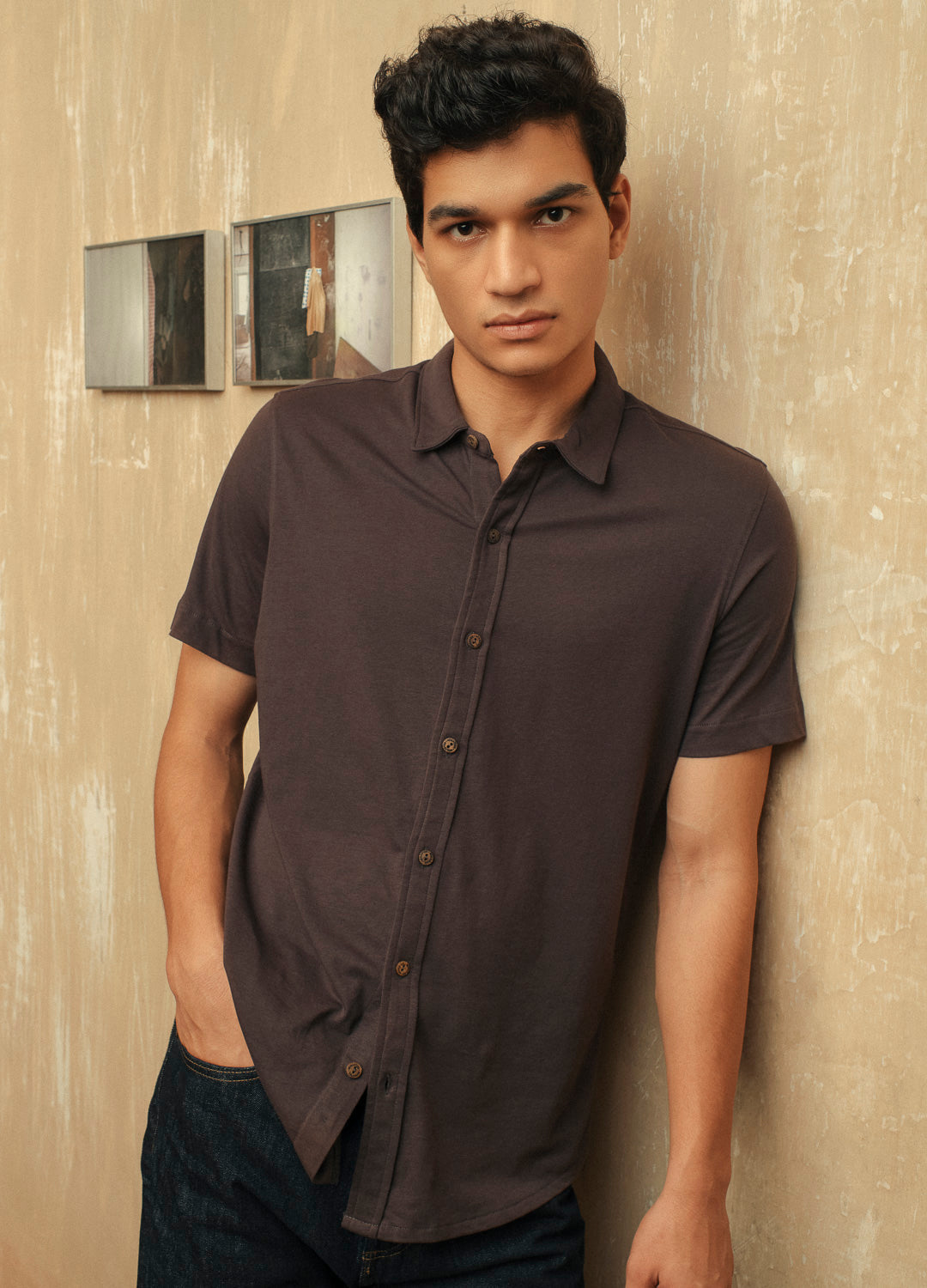 Charcoal Grey Organic Cotton Half Sleeve Shirt For Men Online