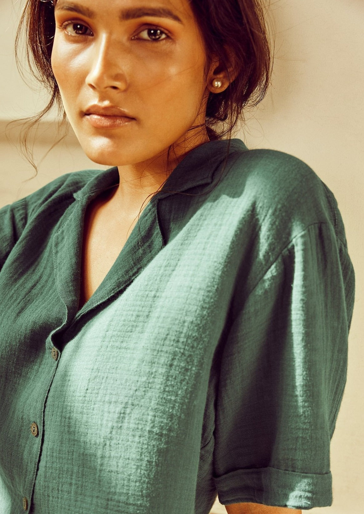 Forest Green Cotton Summer Resort Shirt For Women Online