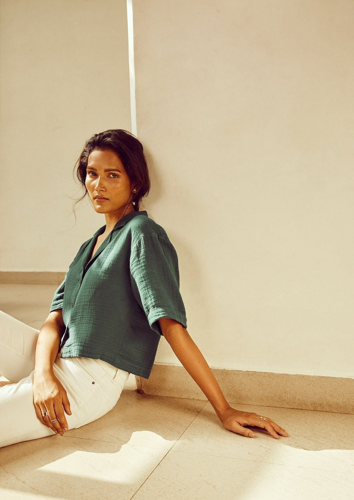 Forest Green Cotton Summer Resort Shirt For Women Online