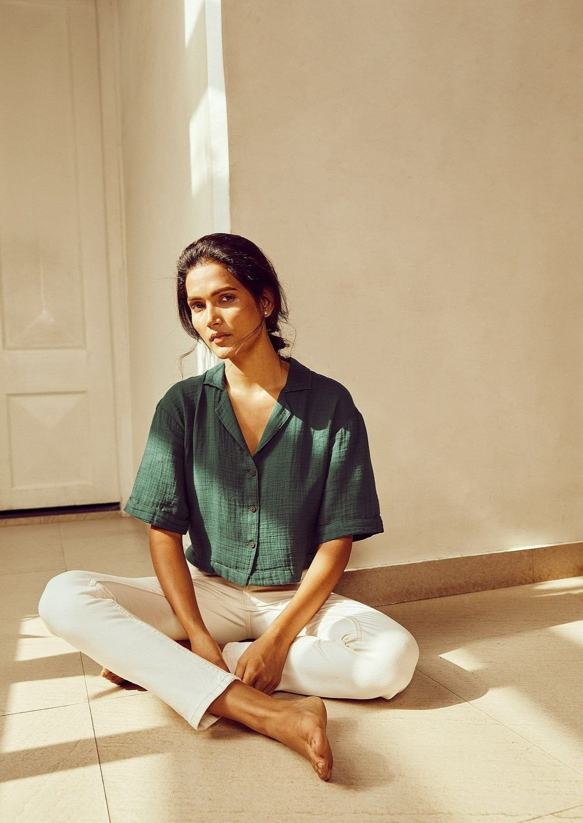 Forest Green Cotton Summer Resort Shirt For Women Online