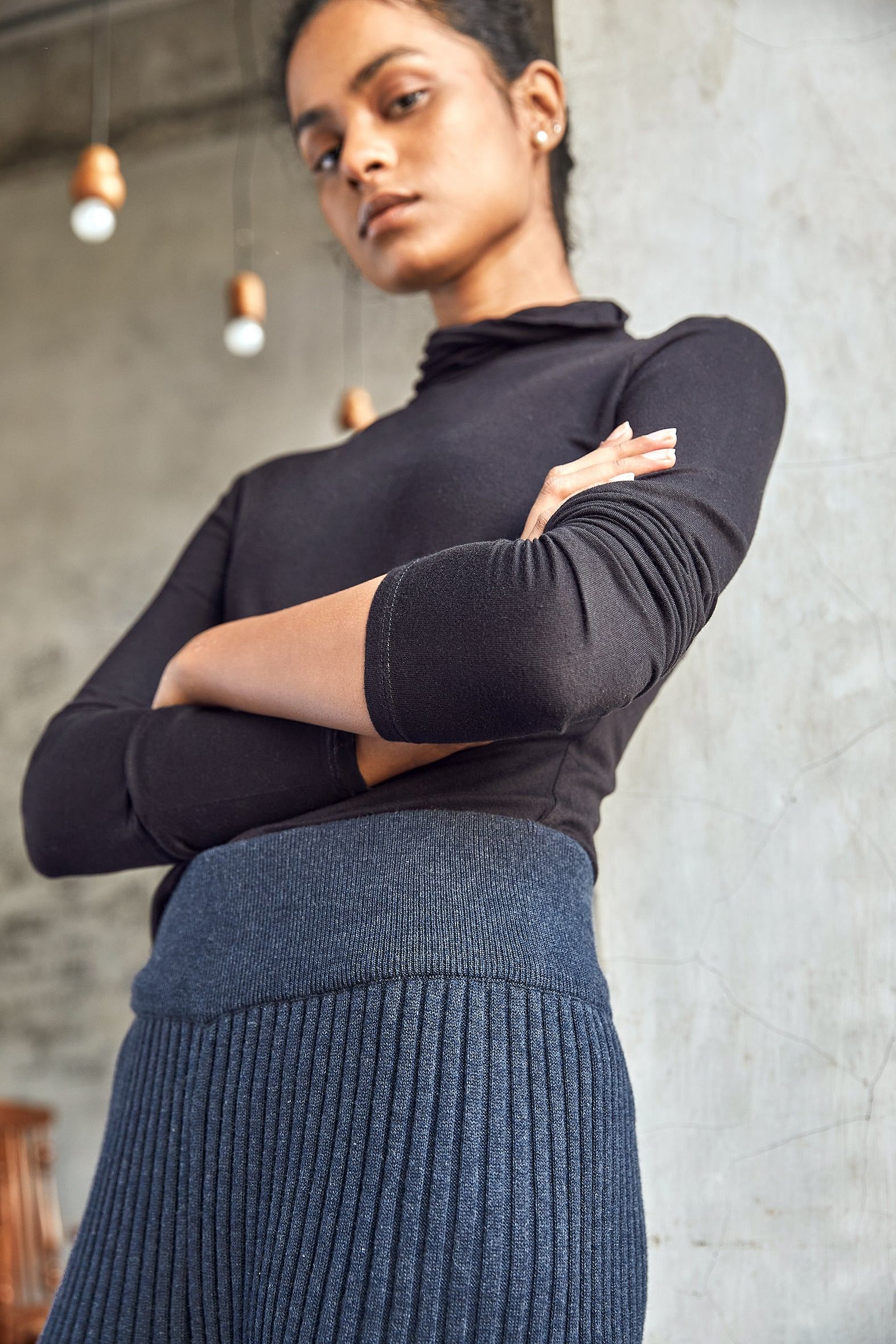 Indigo Blue Knit Flared Sustainable Winter Pants For Women Online