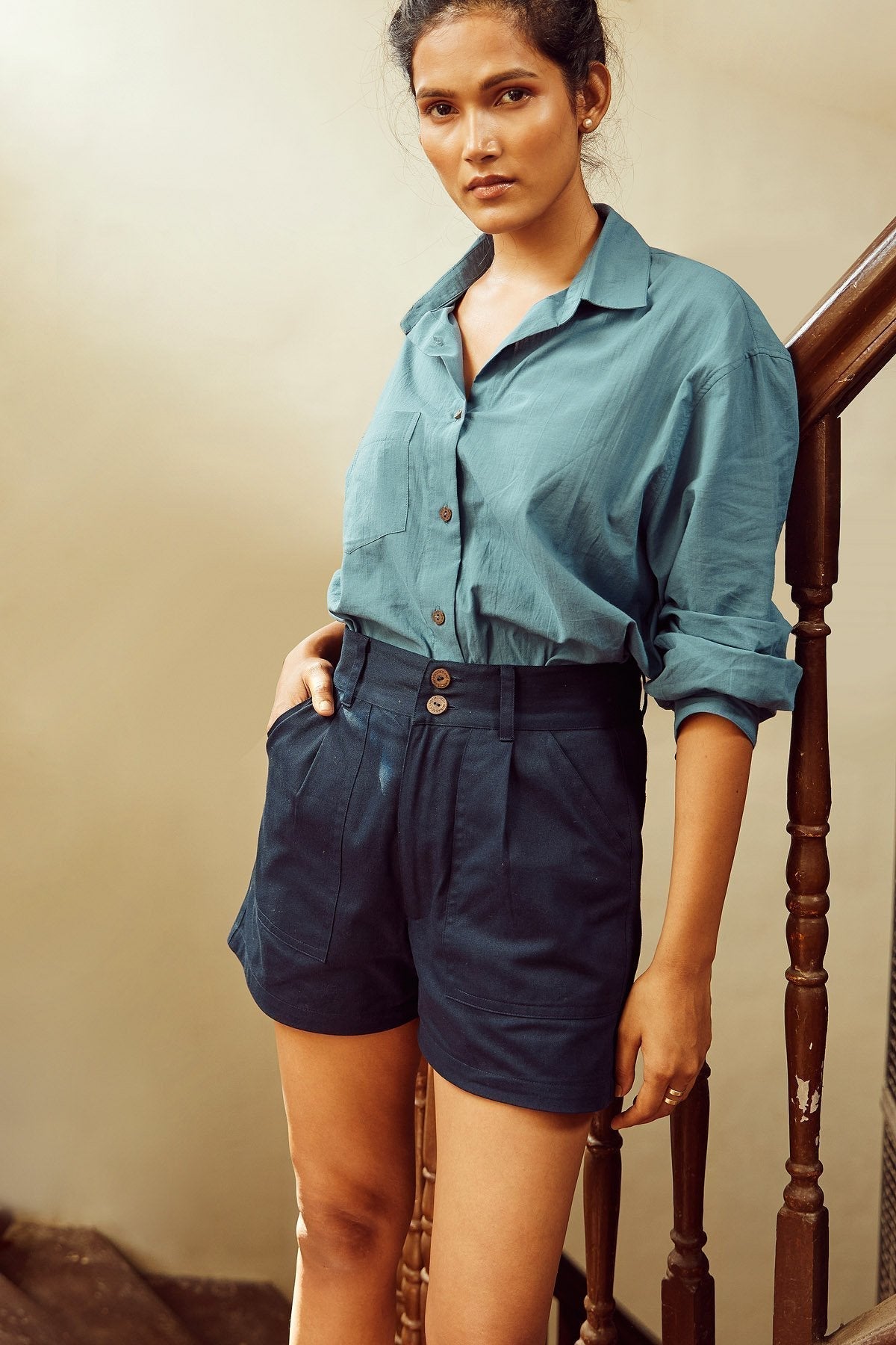 Indigo High-Rise Shorts-No Nasties - Organic Cotton Clothing