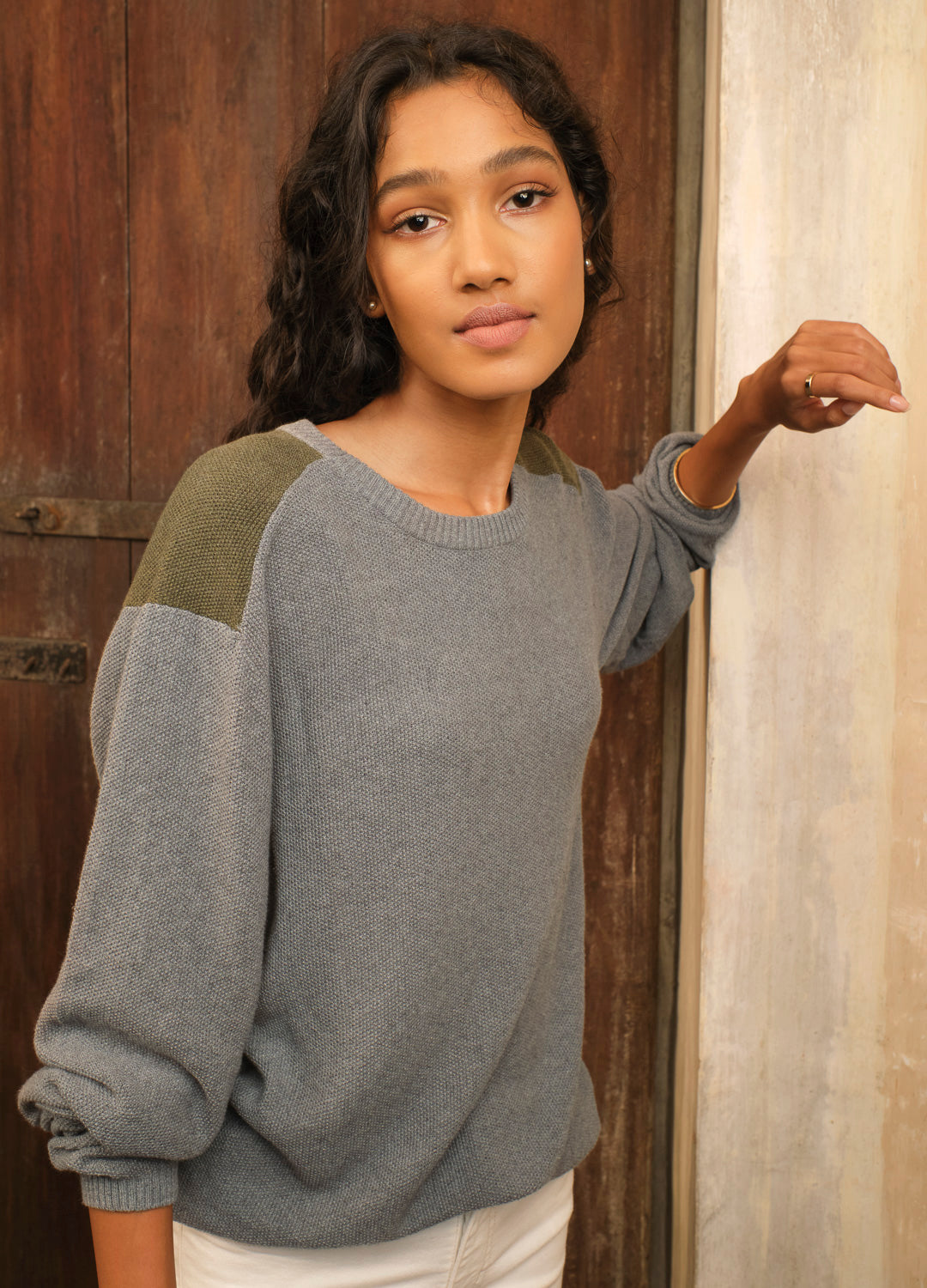 Sustainable Mist Grey Patch Winter Jumper For Women Online