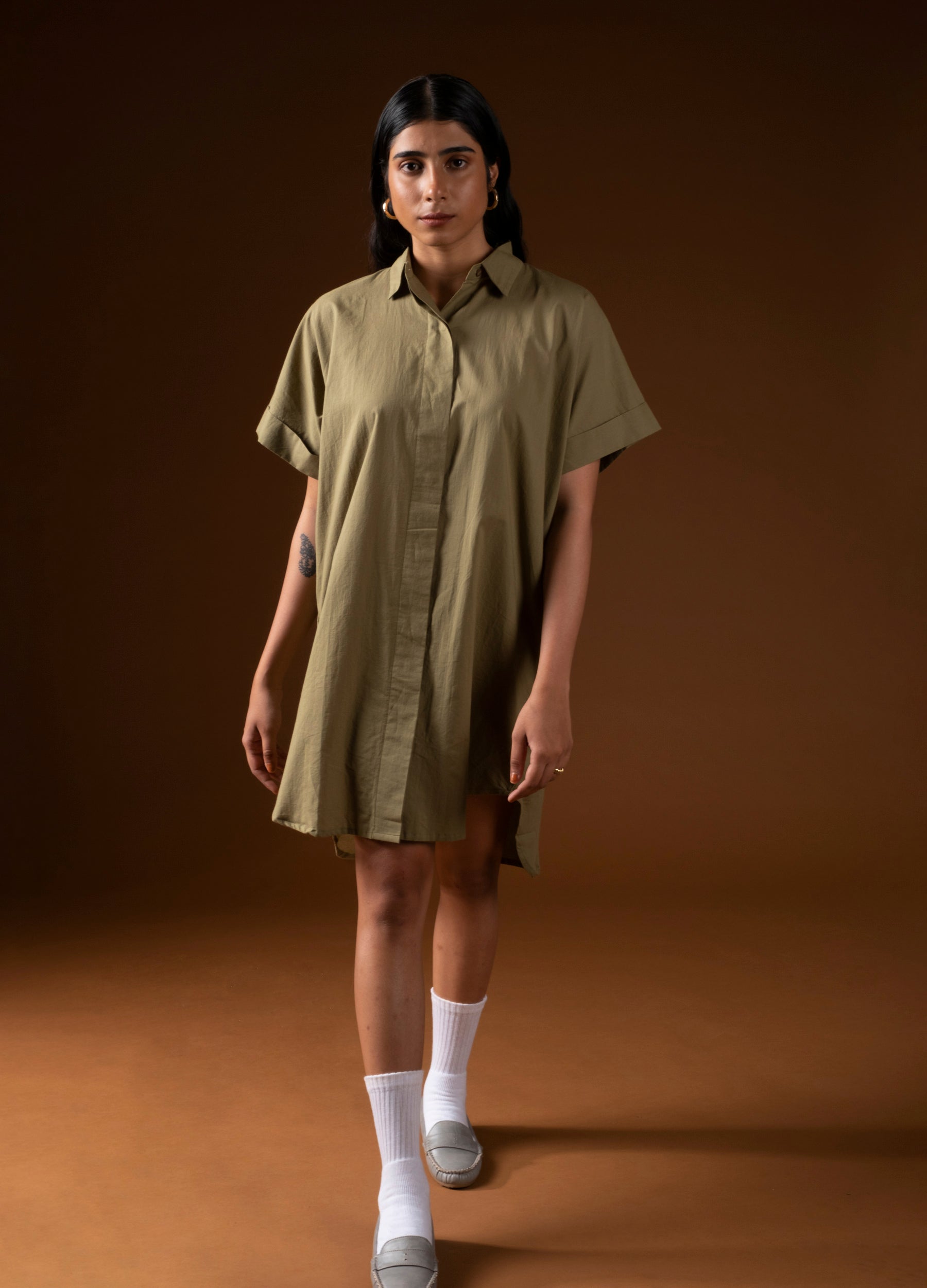 strapless open back dress Asymmetric shirt dress Raveny Roses, loden green main image 0