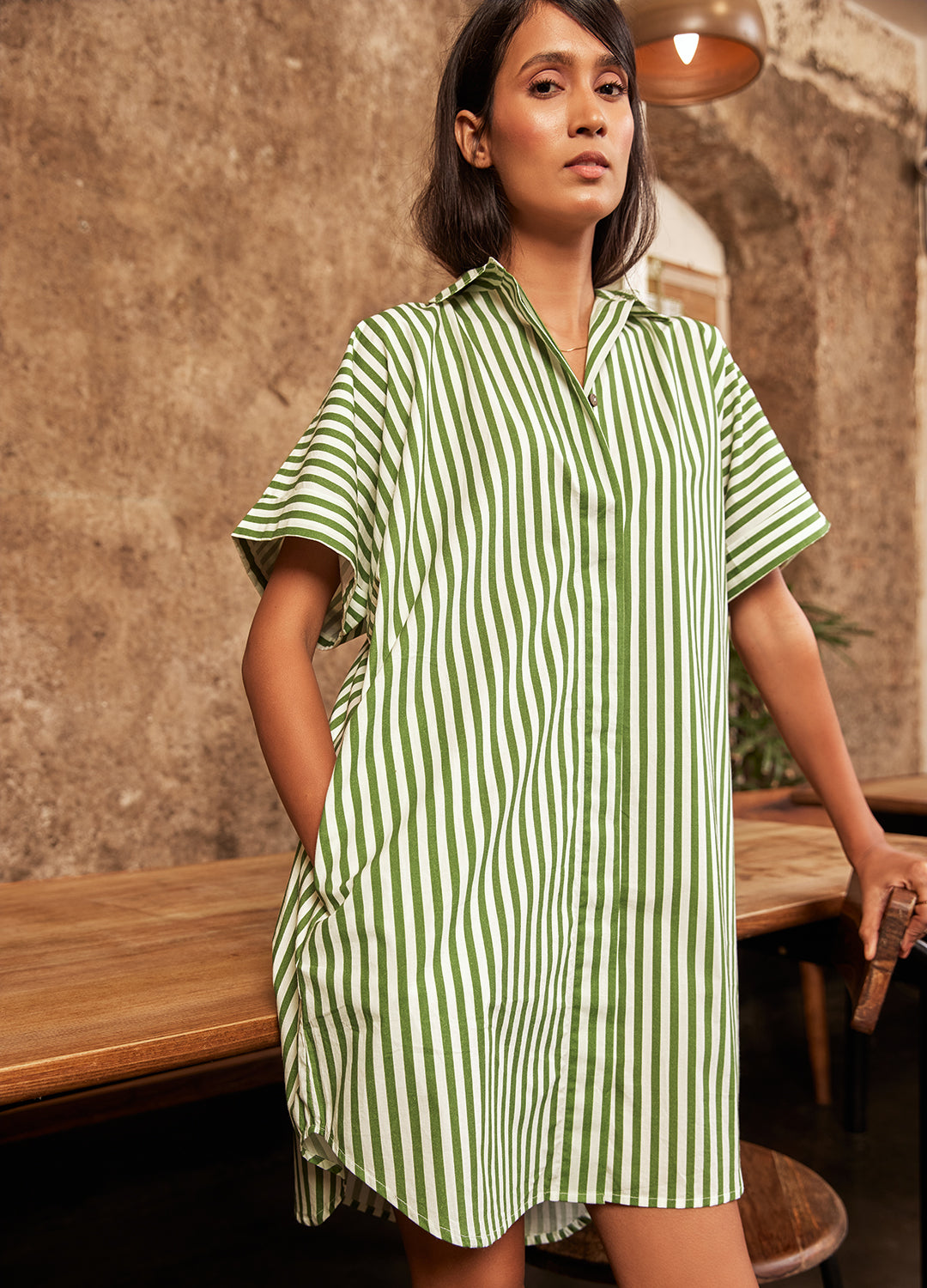 Buy No Nasties Olive Stripe Organic Cotton Shirt Dress For Women