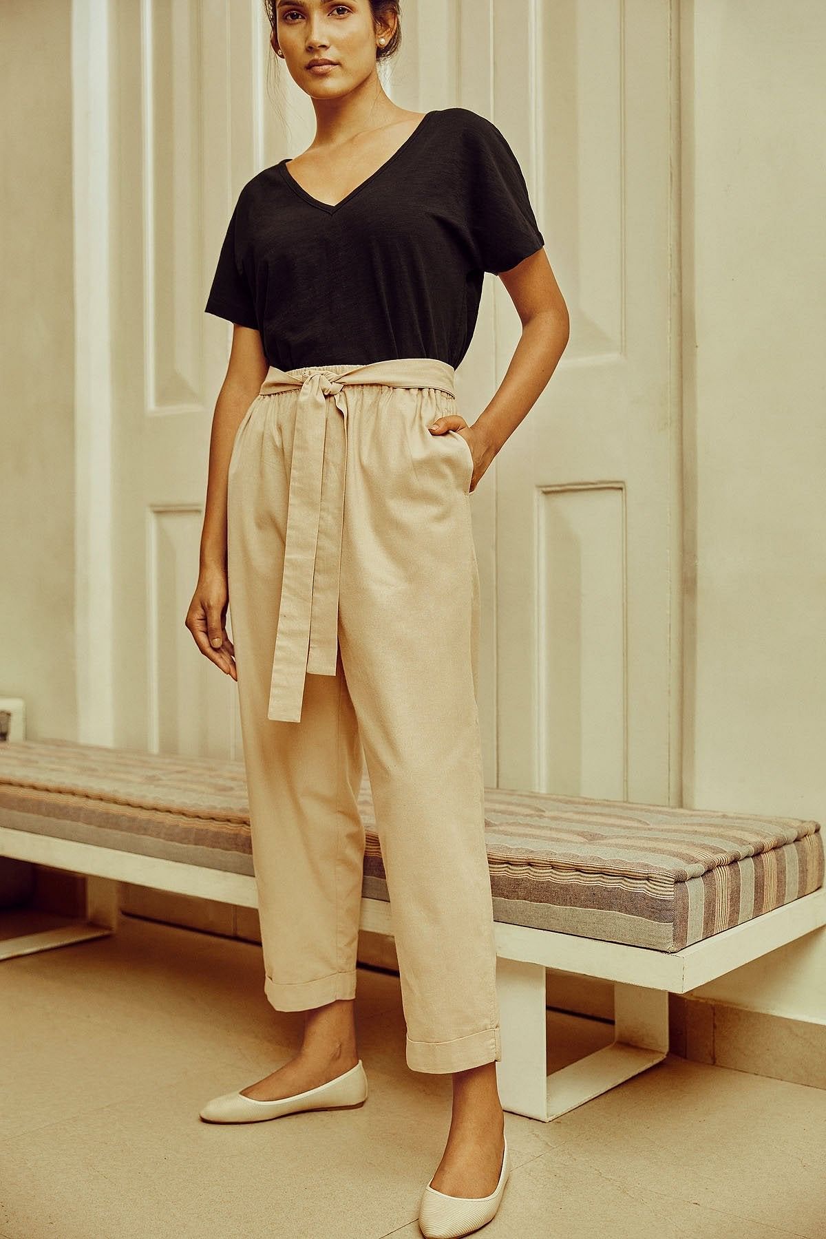 Sustainable Sand Organic Cotton Tapered Pants For Women Online