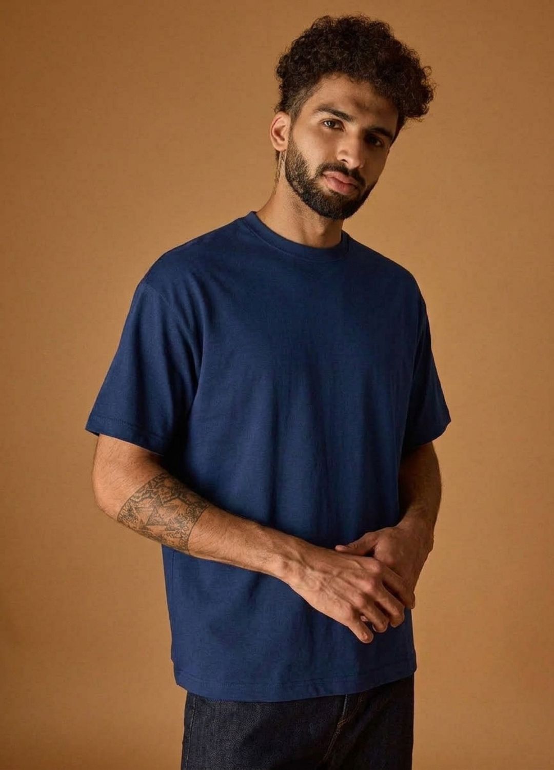 Navy Blue Drop-Shoulder Organic Cotton T Shirt For Men Online
