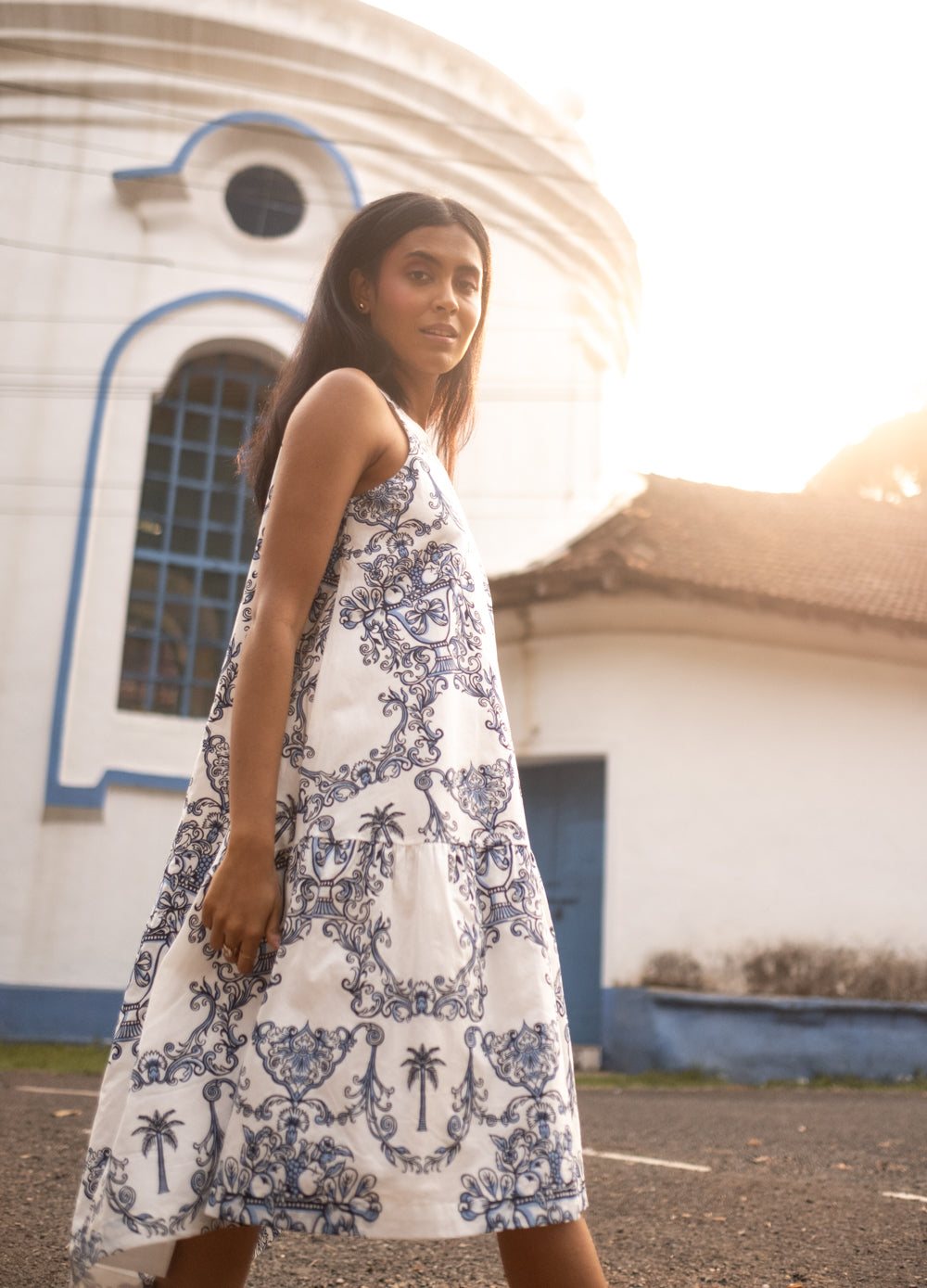 Azul Blue Organic Cotton Tiered Dress For Women Online