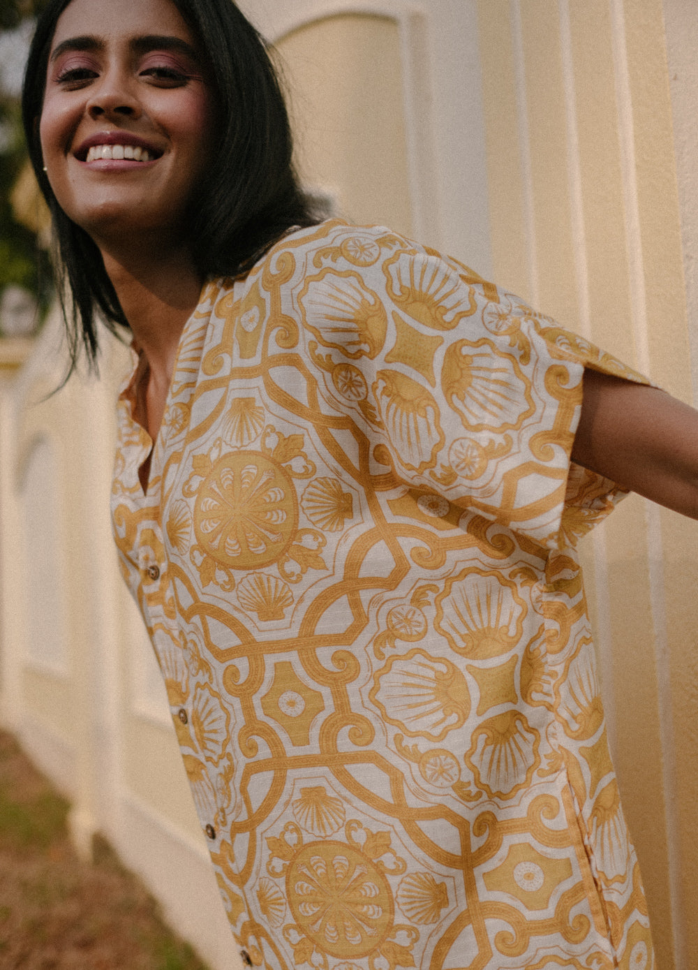 Azul Gold Mandarin Collar Organic Cotton Kaftan Shirt For Women Online