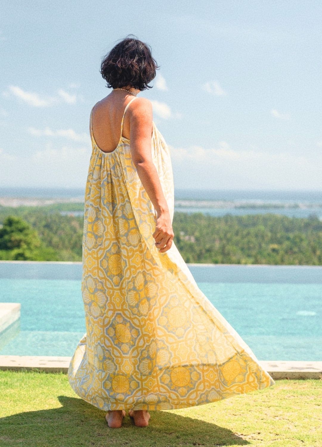 Azul Shell Gathered Maxi, printed maxi dress, gathered silhouette, scoop neckline, sustainable fashion