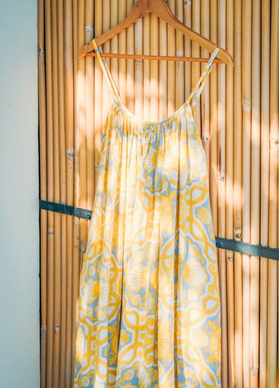 Azul Shell Gathered Maxi, printed maxi dress, hanger shot, full length, sustainable fashion, organic cotton