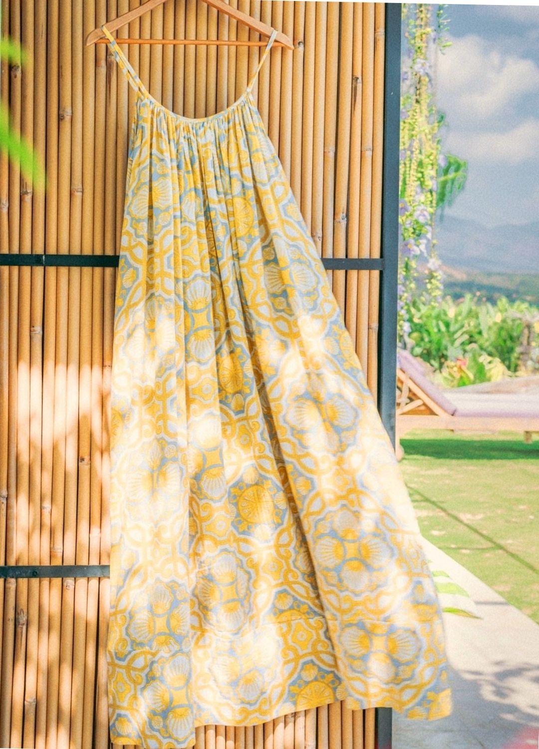 Azul Shell Gathered Maxi, printed maxi dress, full dress, organic cotton, sustainable fashion