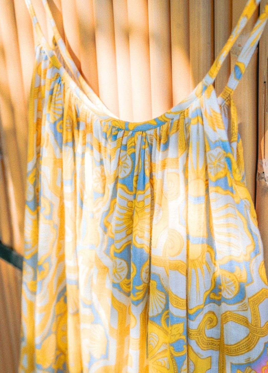 Azul Shell Gathered Maxi, printed maxi dress, neckline detail, gathered design, fabric print, organic cotton
