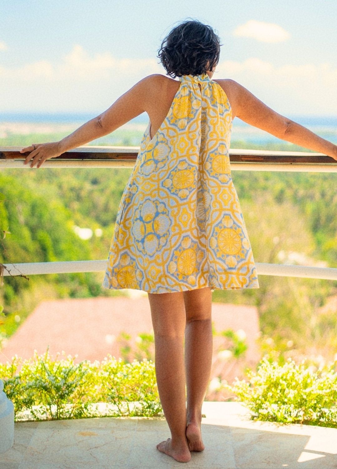 Azul Shell Halter Mini, printed mini dress, back view, halter neckline, sustainable fashion, organic cotton