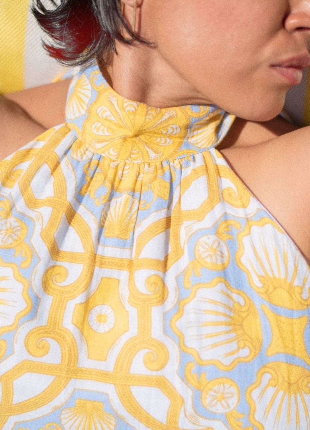 Azul Shell Halter Mini, printed mini dress, halter neckline, relaxed fit, sustainable fashion, organic cotton