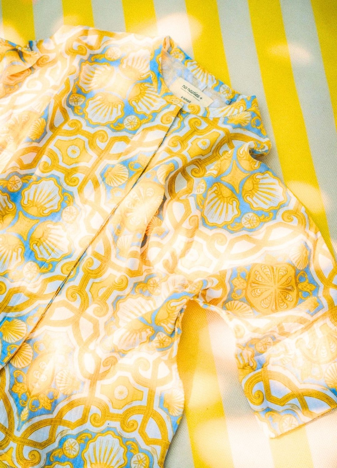 Azul Shell Kimono Shirt, organic cotton printed shirt, button front, muslin, sustainable fashion