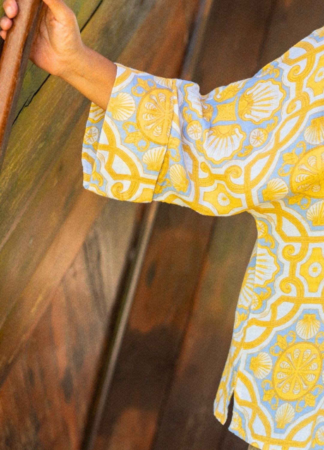 Azul Shell Kimono Shirt, organic cotton printed top, kimono sleeves, sustainable fashion