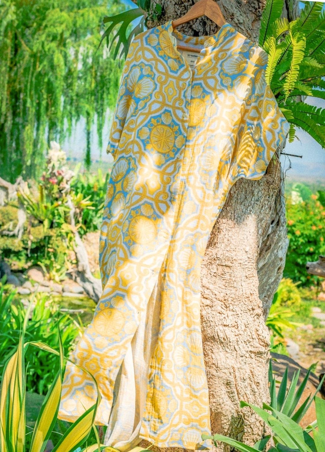Azul Shell Shirt Kaftan, organic cotton muslin, mandarin collar, shell print, sustainable fashion