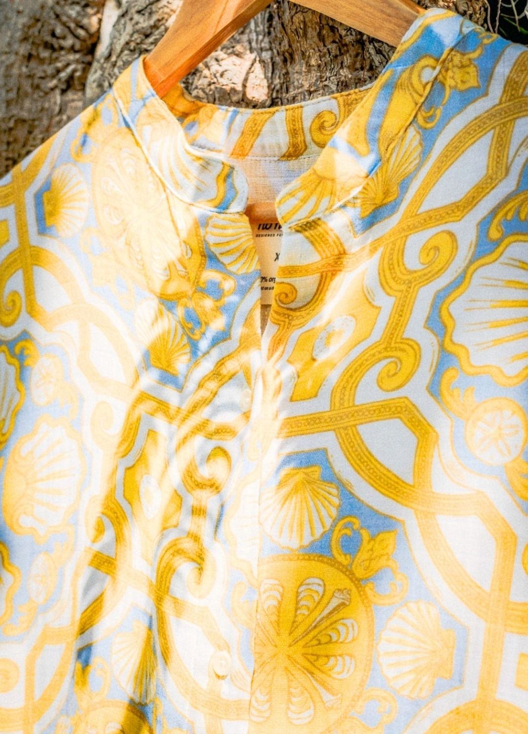 Azul Shell Shirt Kaftan, organic cotton muslin, mandarin collar, shell print, sustainable fashion, collar detail