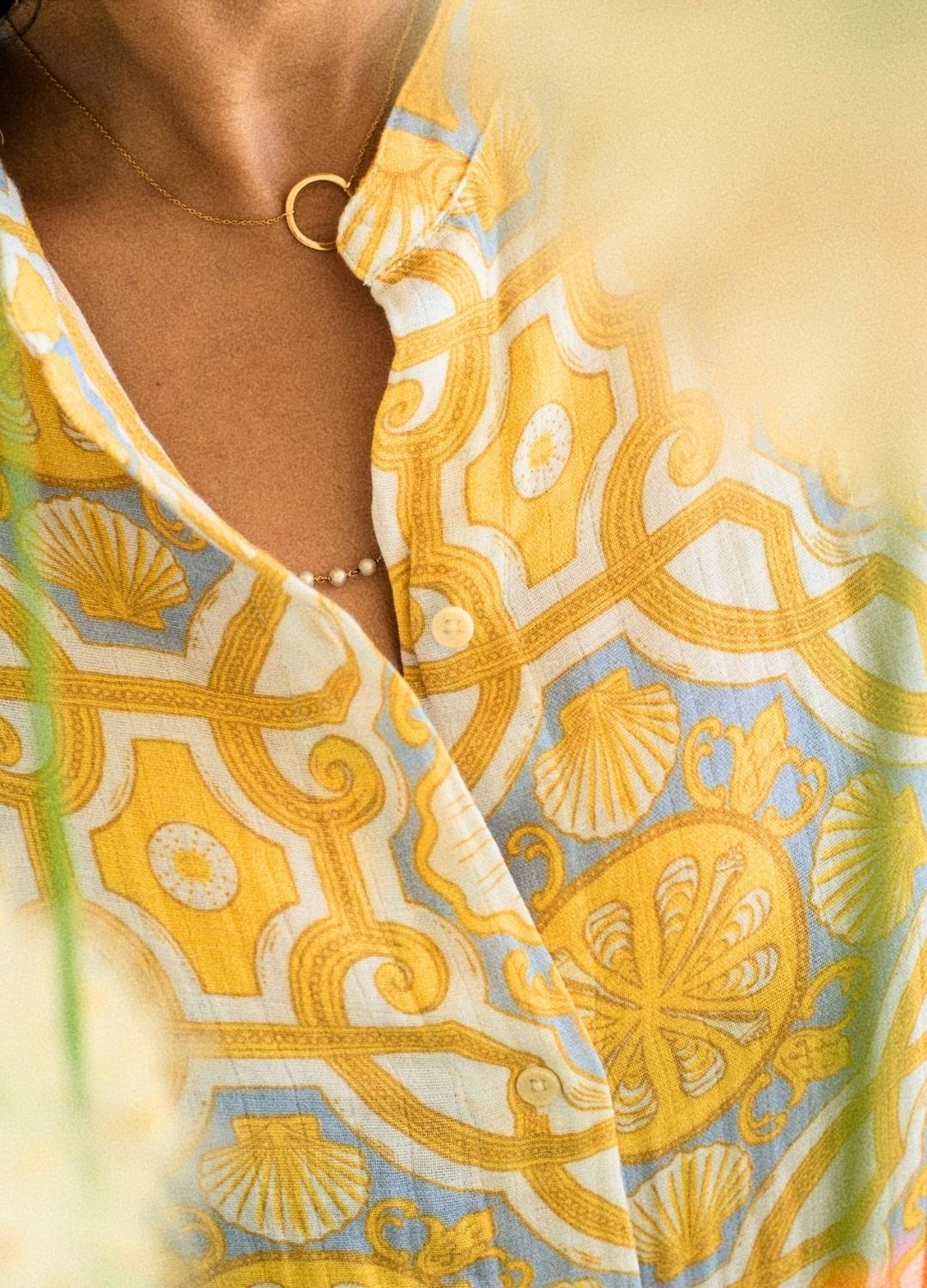 Azul Shell Shirt Kaftan, organic cotton muslin, blue shell print, sustainable fashion