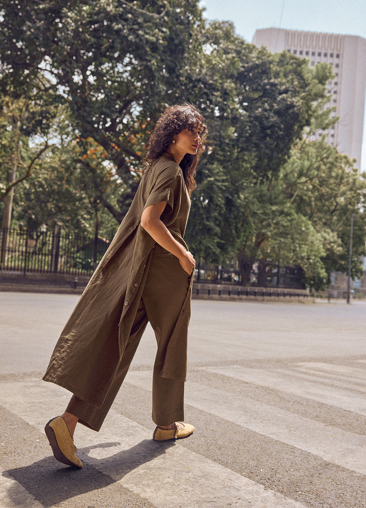 Bark Buttoned Shirt Kaftan, three-quarter back view crossing the street