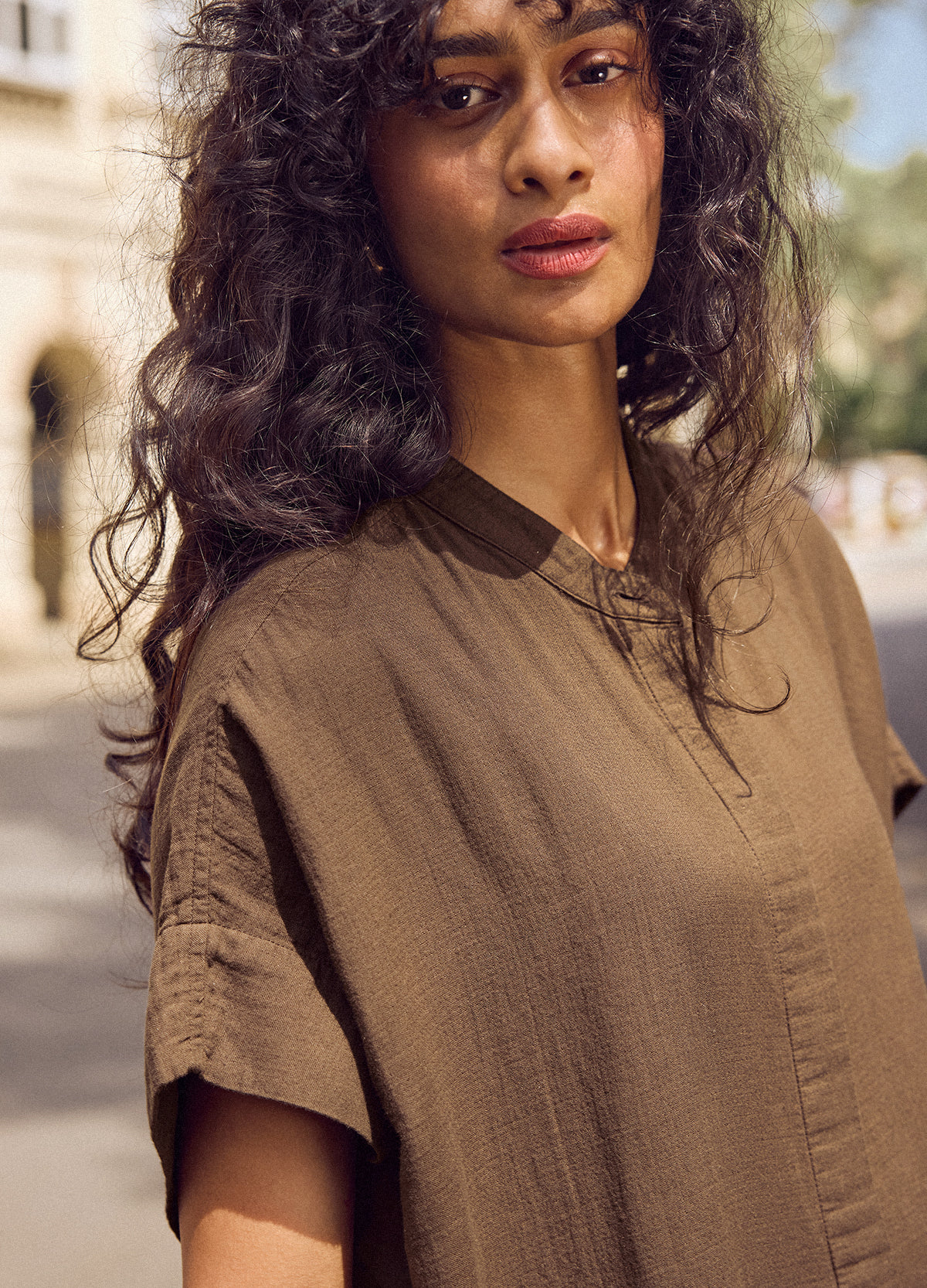Bark Buttoned Shirt Kaftan, Woven Fabric - No Nasties Organic Cotton Made In India, close-up portrait showing the neckline detail