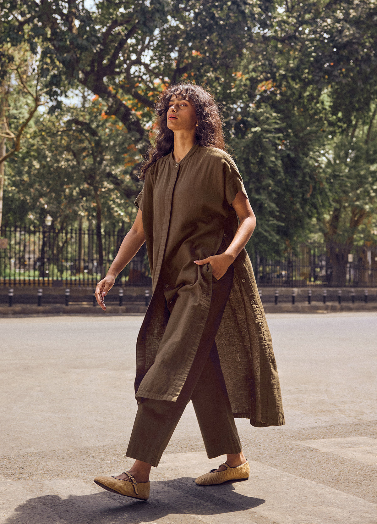 Bark Buttoned Shirt Kaftan in motion, side profile while walking