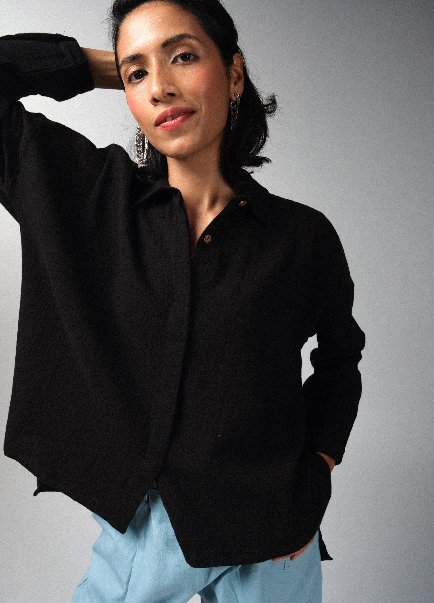Black Side-Slit Organic Cotton Oversize Shirt For Women Online