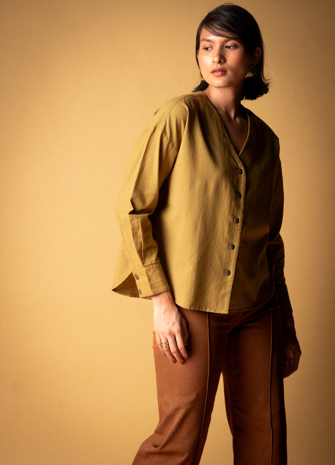 Midnight Green Organic Cotton Buttoned Blouse Shirt For Women Online