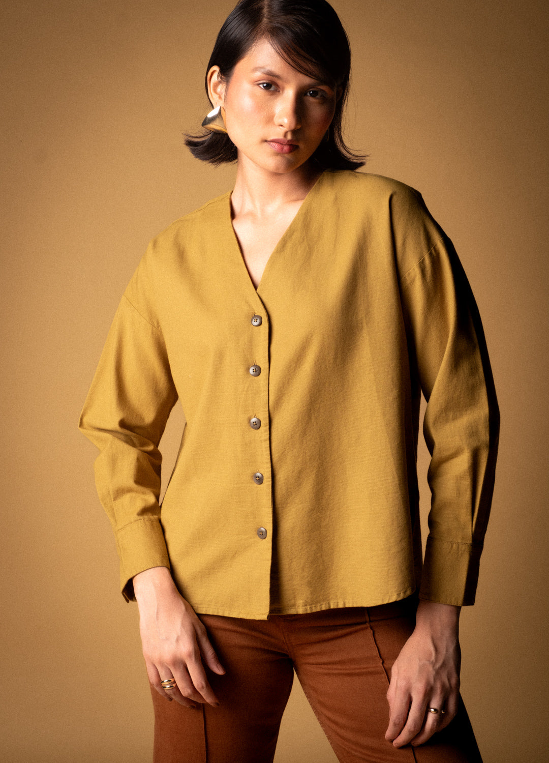Midnight Green Organic Cotton Buttoned Blouse Shirt For Women Online