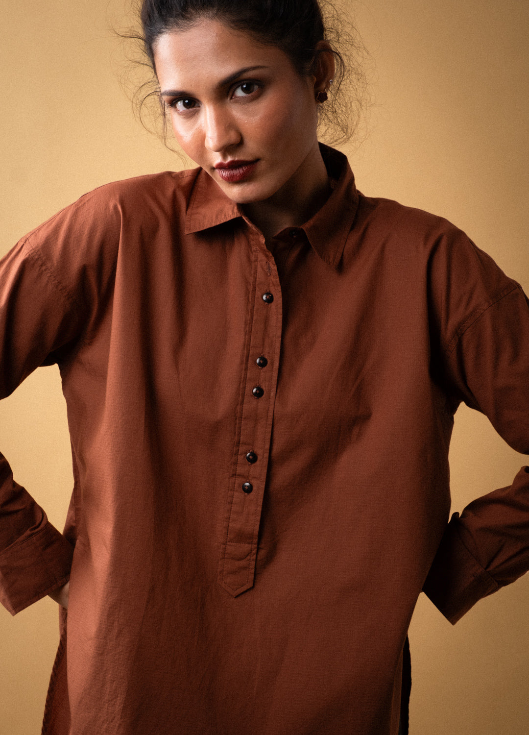 Cinnamon Brown Organic Cotton Pop-Over Shirt For Women Online