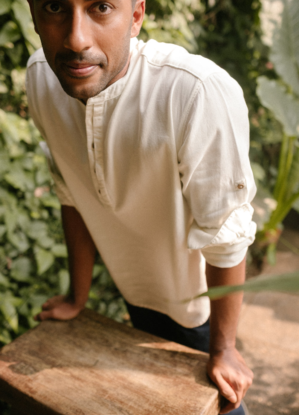 Coconut Milk Organic Cotton Mandarin Collar Popover Shirt For Men Online