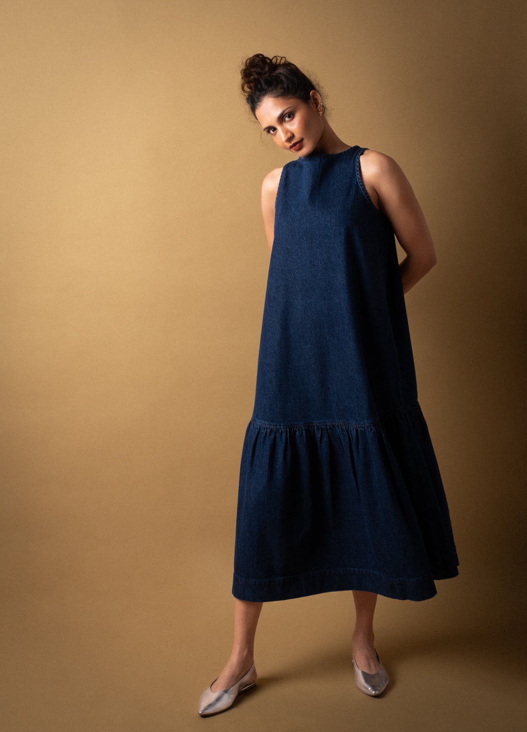 Flounce Blue Tiered Denim Dress For Women Online