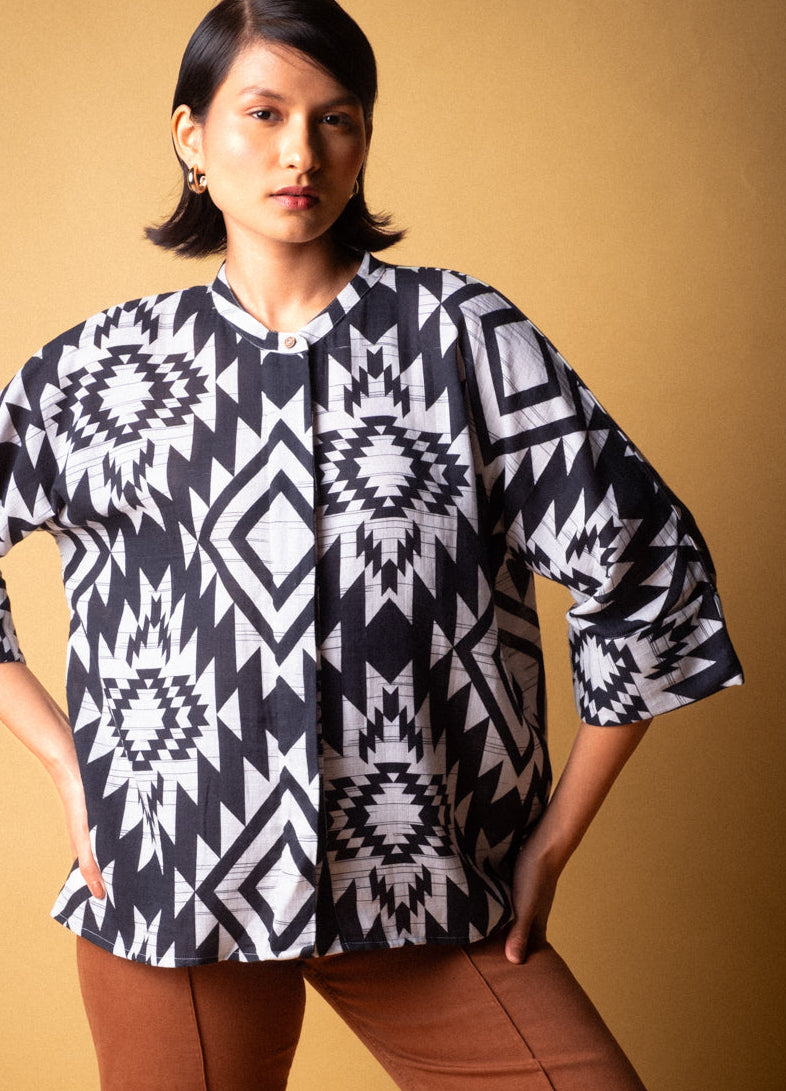 Greca Black Organic Cotton Kimono Shirt For Women Online
