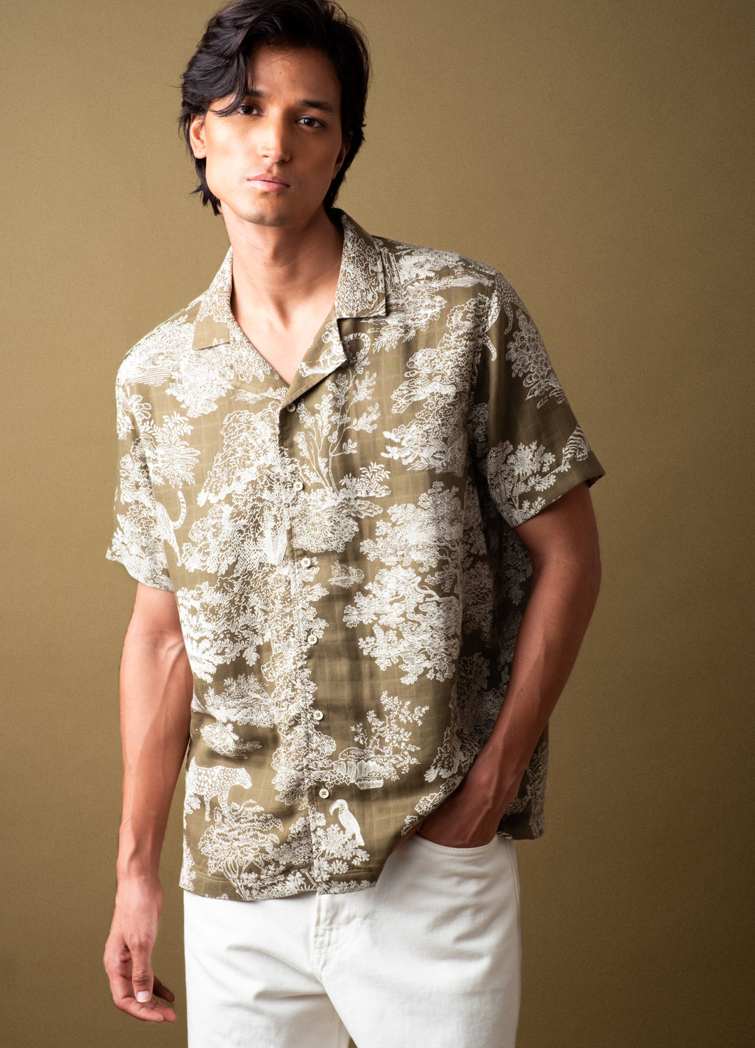Rouge Green Toile Organic Cotton Cuban Shirt For Men Online