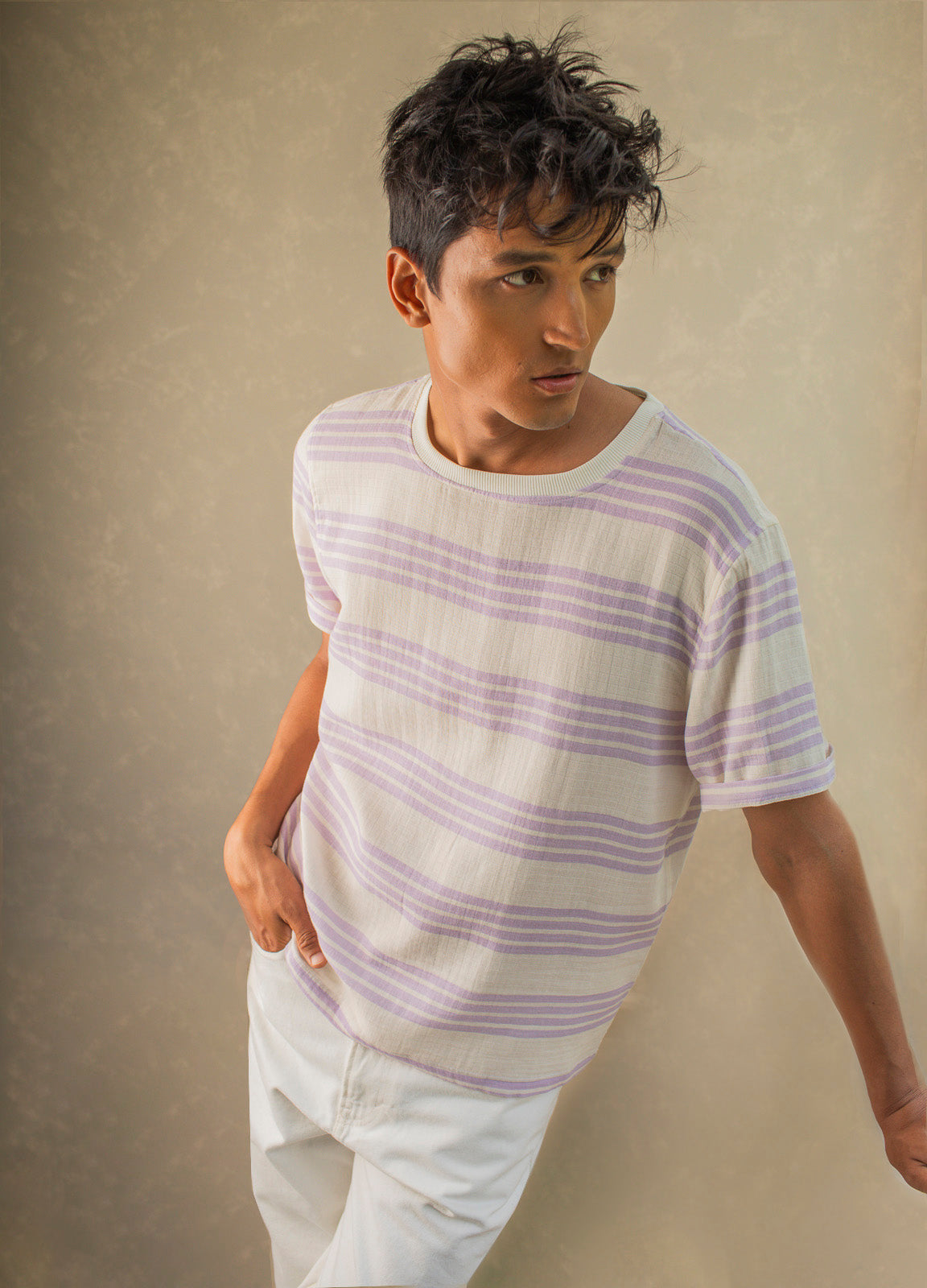 Lavender Stripe Organic Cotton Muslin T Shirt For Men Online