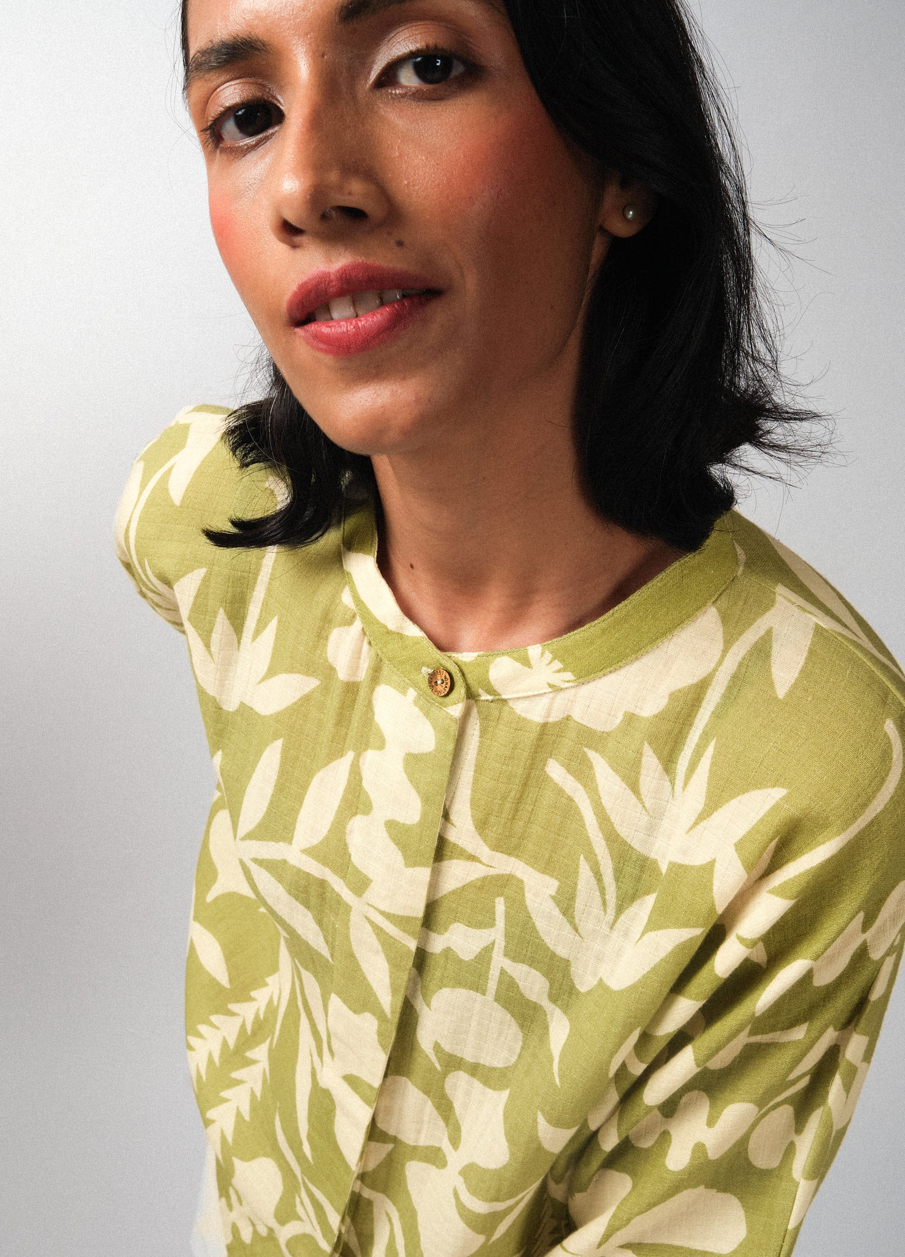 Matcha Green Organic Cotton Garden Kimono Shirt For Women Online