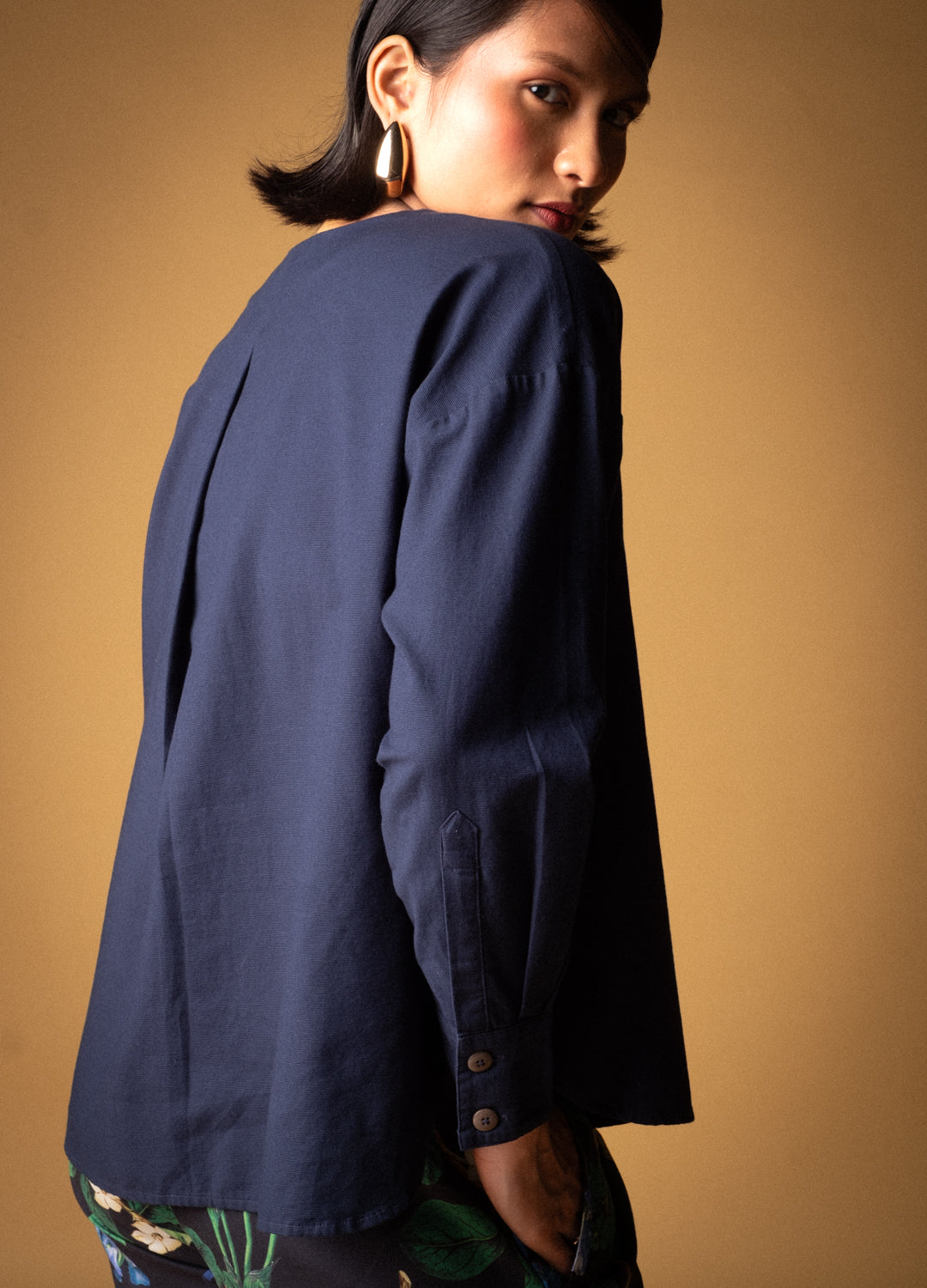 Midnight Blue Organic Cotton Buttoned Blouse Shirt For Women Online