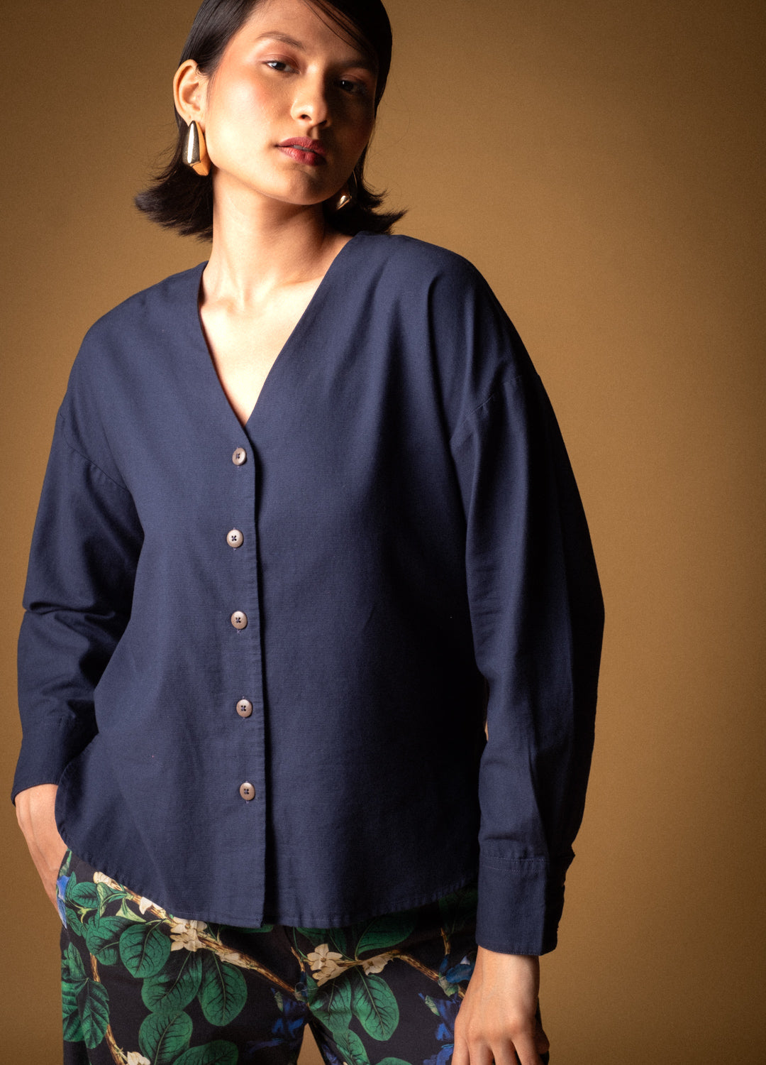 Midnight Blue Organic Cotton Buttoned Blouse Shirt For Women Online
