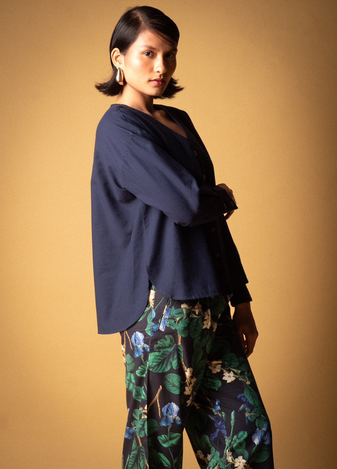 Midnight Blue Organic Cotton Buttoned Blouse Shirt For Women Online