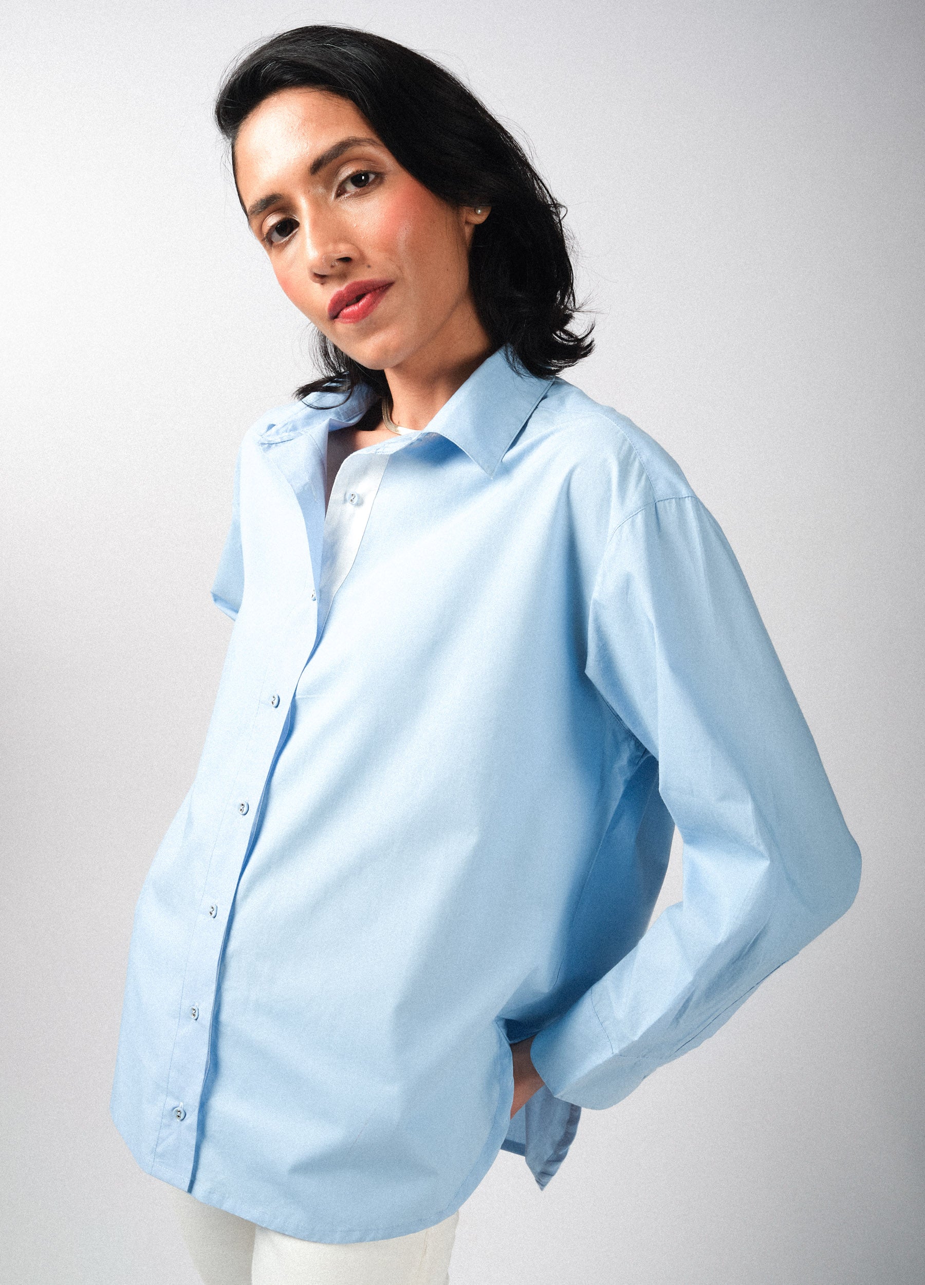 Contrast Blue Organic Cotton Trim Classic Shirt For Women Online