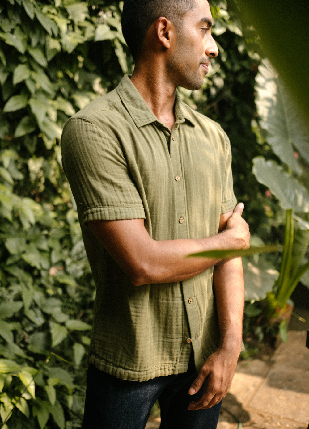 Olive Airy Half-Sleeve Shirt